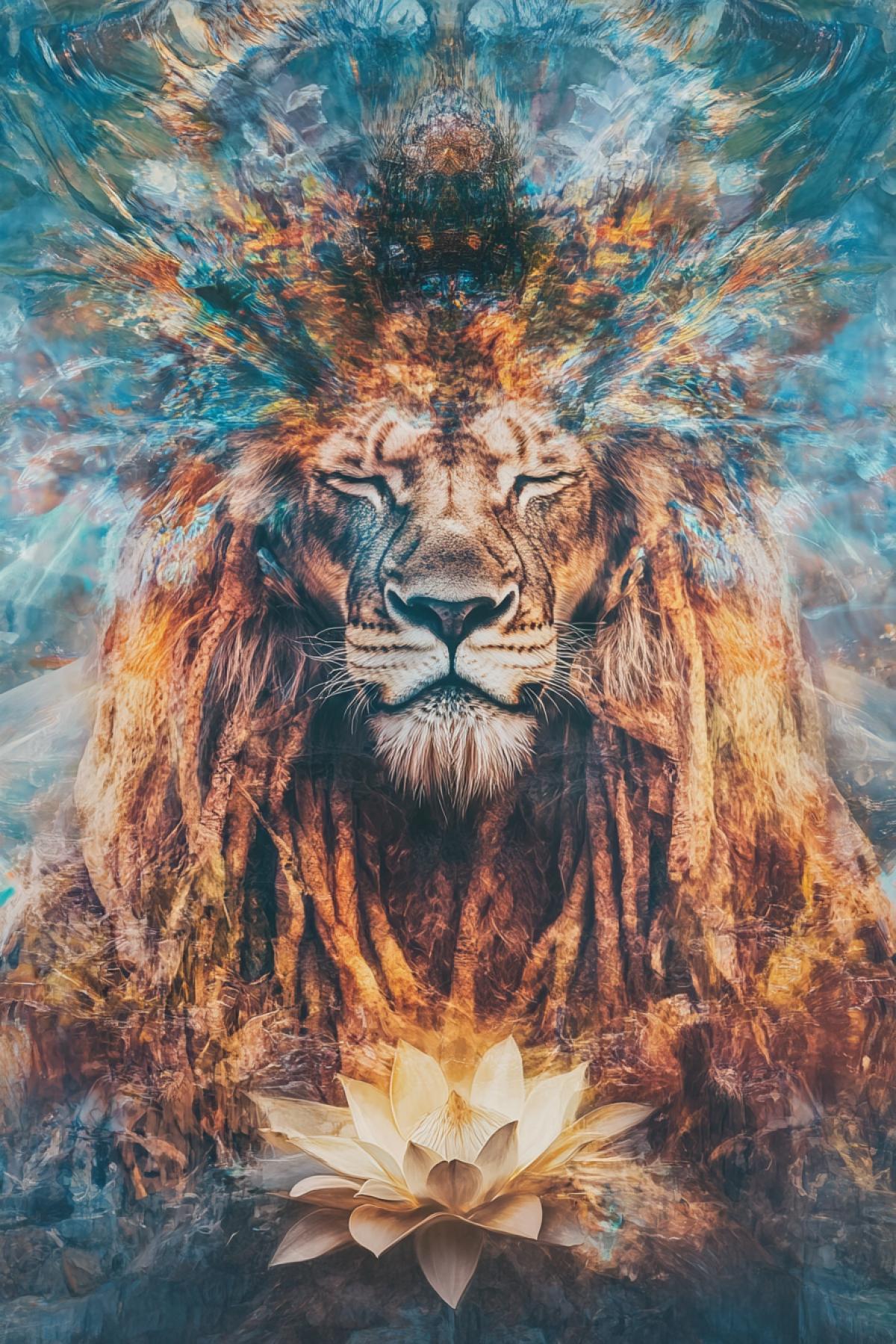 anthropomorphic lion with dreadlocks who lives in Sri Lanka and meditates in the lotus 4k soaring above the ground, surrealism, metaphor, fantasy, iso 2000, 5d, double exposure, highlights, shadows, fractal haze, 1024k, watercolor, airbrush rendering