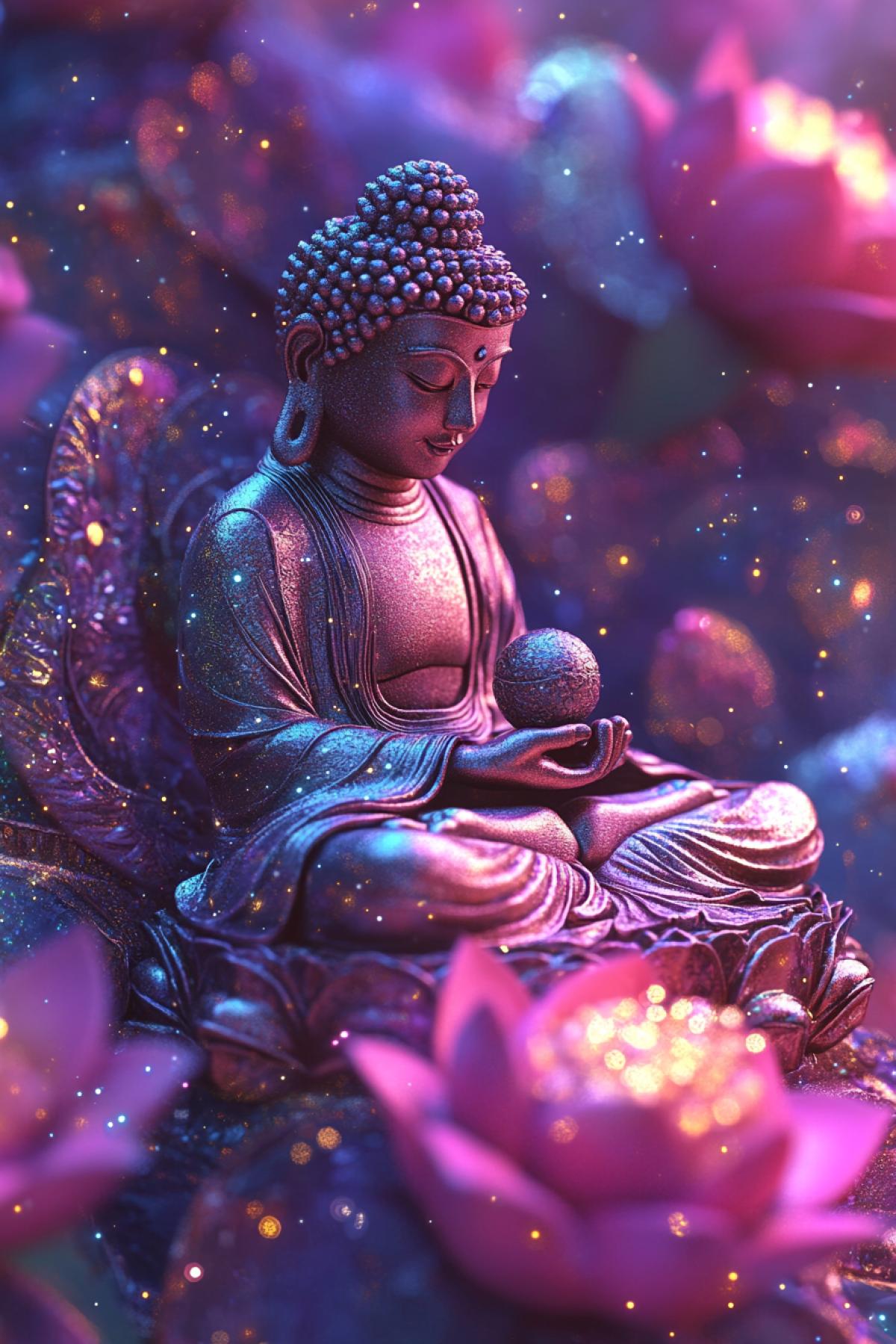 Collective live meditation and starry distance. Starry space. magic. Golden and diamond light of the universe in magical pink turquoise with purple and lilac, peach, azure, lotuses, planets, little buddha, petrol, majen, 3d, realistic, hyperrealism, highly detailed, digital, high resolution, detail, mystic, backlight, fantasy, atmosphere , filigree, filigree, enamel. Aesthetic, beautiful, interesting, realistic, saturation, near and far, digital painting, mysticism, masterpiece