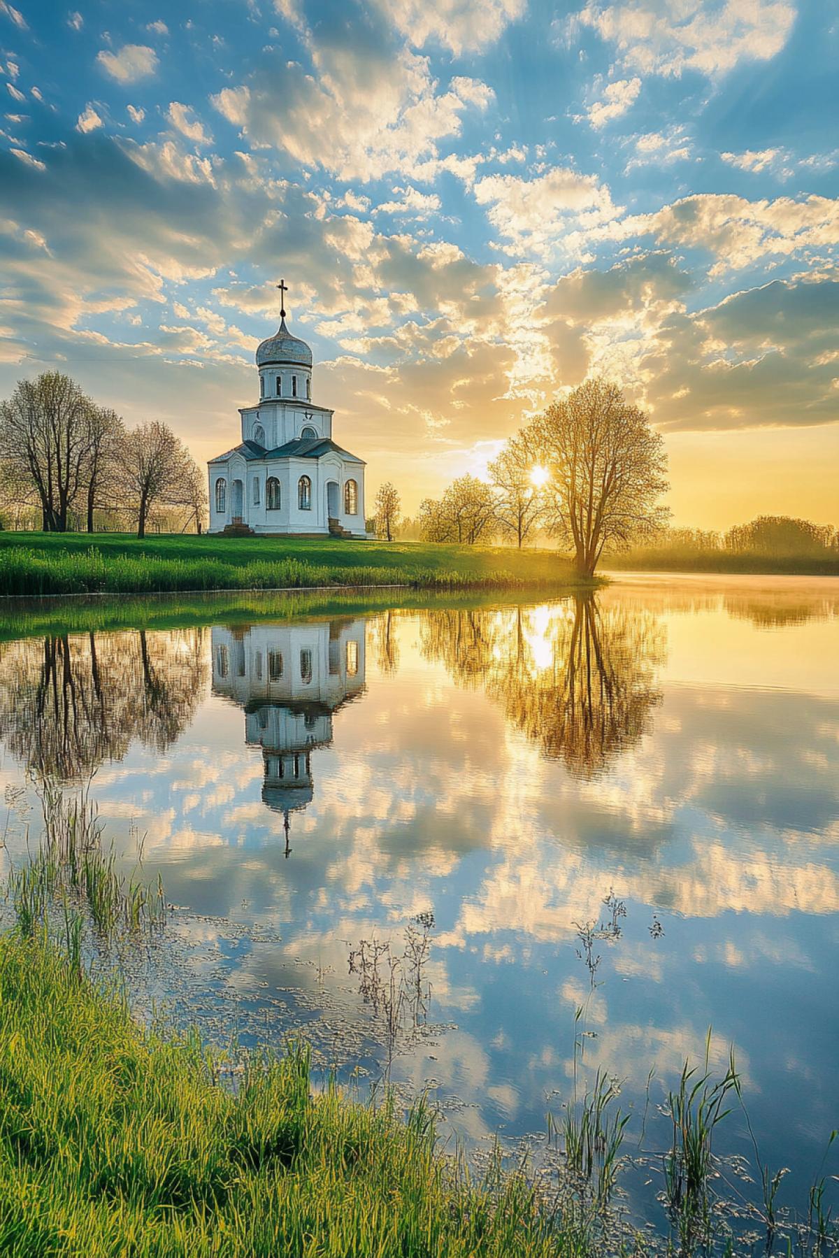 Spring morning, Church of the Intercession on the Nerl, warm rays of the dawn sun, green grass, not yet blossoming trees, a river with a calm surface, blue sky with rare clouds, reflection of the temple in the water, simplicity and harmony, soft light, light wind, natural beauty and Zen.