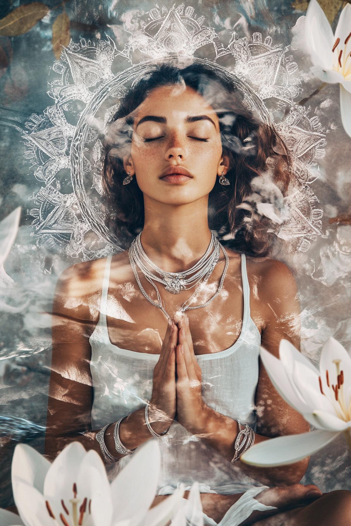 Vacation in Tibet: Silver, mandala in Tibetan style, jewelry, necklace, girl in lotus 4k meditating, lotus, lilies, wearing silver bracelets, double exposure, girl in Salvador Dali style, style raw