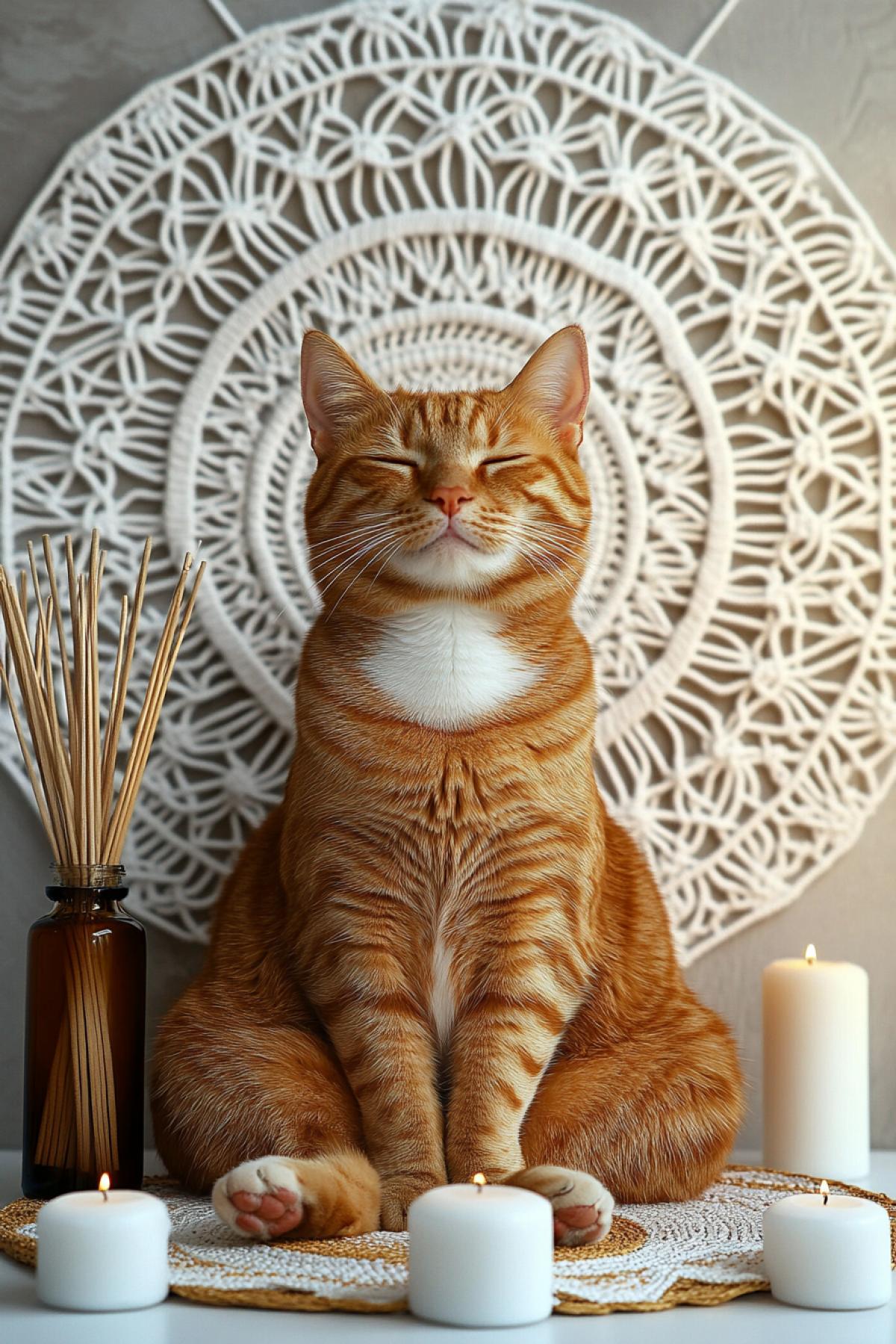 In the lotus 4k, a red tabby cat Meditirtset against the background of a round mandala sung from white macrame, next to the cat there is a bottle with aroma sticks, round candles