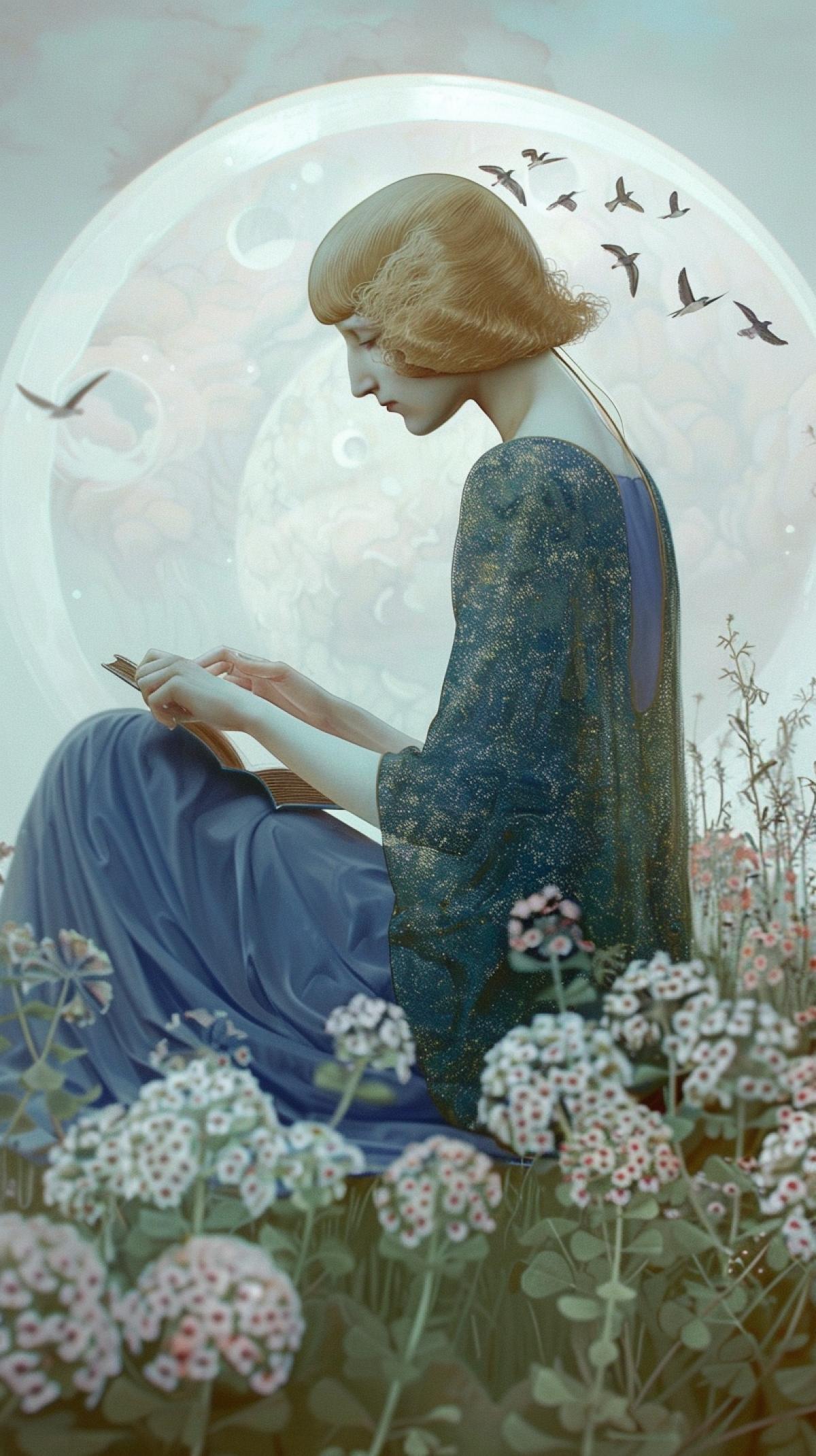 In the style of Heinrich Vogeler, a young beautiful woman in a meadow of blooming clover, reading a book, swallows flying around her, against the backdrop of a huge moon planted with small delicate flowers
