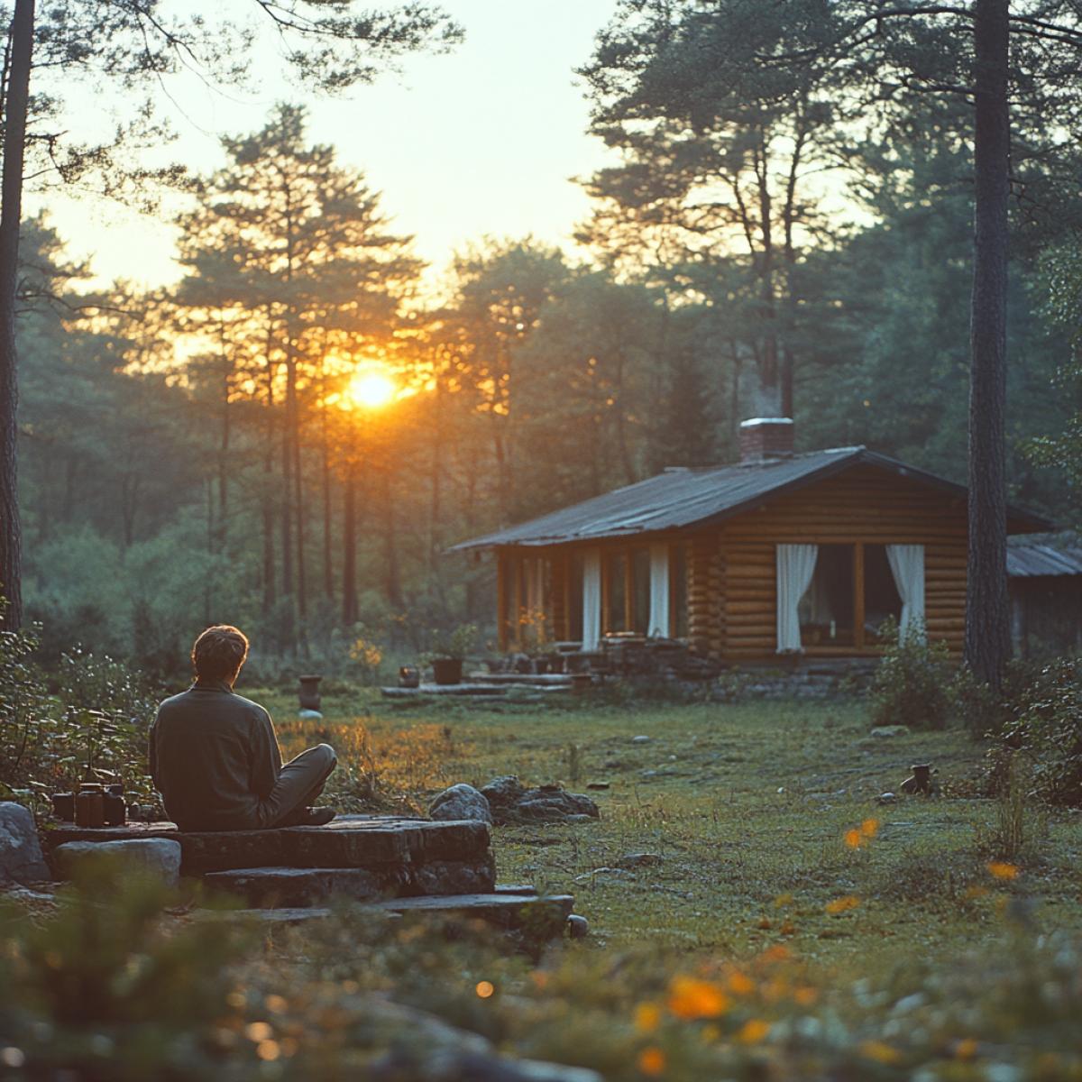 Early summer morning, sunrise. In a forest clearing stands a small neat house made of a log house, with white curtains on the window. A man is sitting on the steps of the porch, he enjoys the silence, tranquility, loneliness, peace . the gaze is fixed on the sunrise, on the face there is a slight smile of enjoyment from the warm touch of the first rays of the sun. This is a world of harmony between man and nature, a place of power.
