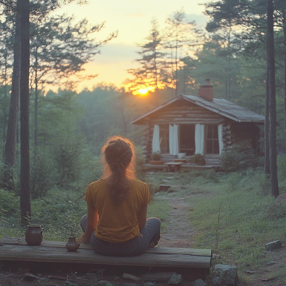 Early summer morning, sunrise. In a forest clearing stands a small neat house made of a log house, with white curtains on the window. A woman sits on the steps of the porch, she enjoys the silence, tranquility, loneliness, peace . the gaze is fixed on the sunrise, there is a slight smile on the face of enjoyment from the warm touch of the first rays of the sun. This is a world of harmony between man and nature, a place of power.