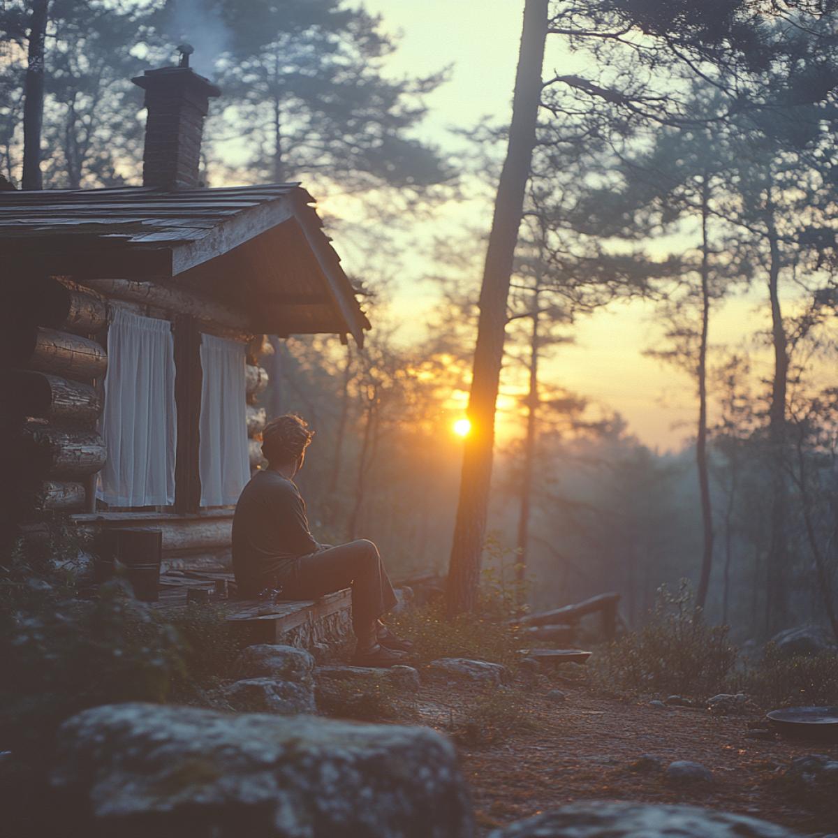 Early summer morning, sunrise. In a forest clearing stands a small neat house made of a log house, with white curtains on the window. A man is sitting on the steps of the porch, he enjoys the silence, tranquility, loneliness, peace . the gaze is fixed on the sunrise, on the face there is a slight smile of enjoyment from the warm touch of the first rays of the sun. This is a world of harmony between man and nature, a place of power.