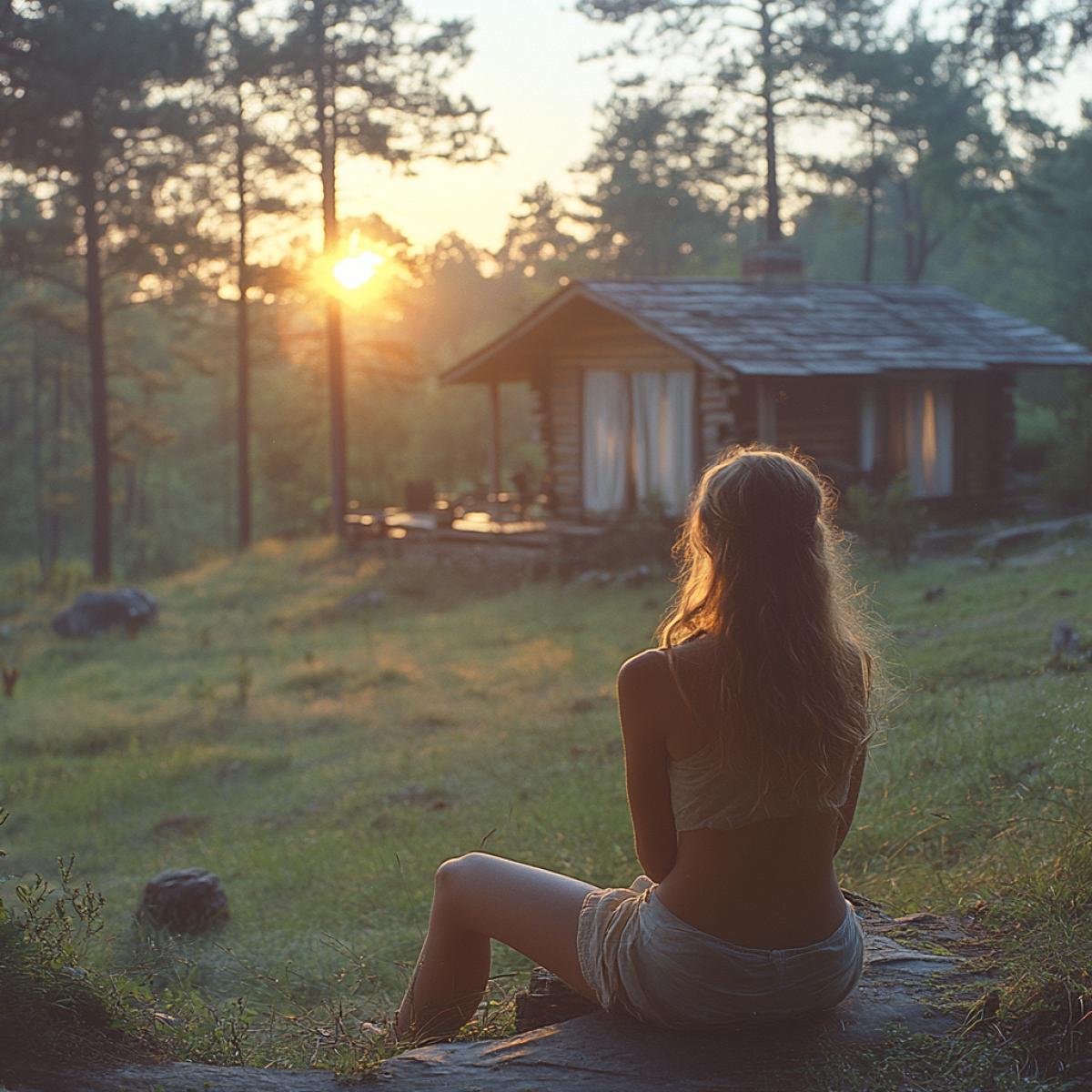 Early summer morning, sunrise. In a forest clearing stands a small neat house made of a log house, with white curtains on the window. A woman sits on the steps of the porch, she enjoys the silence, tranquility, loneliness, peace . the gaze is fixed on the sunrise, the woman enjoys the touch of the first rays of the sun. This is a world of harmony between man and nature, a place of power, a place of energy filling