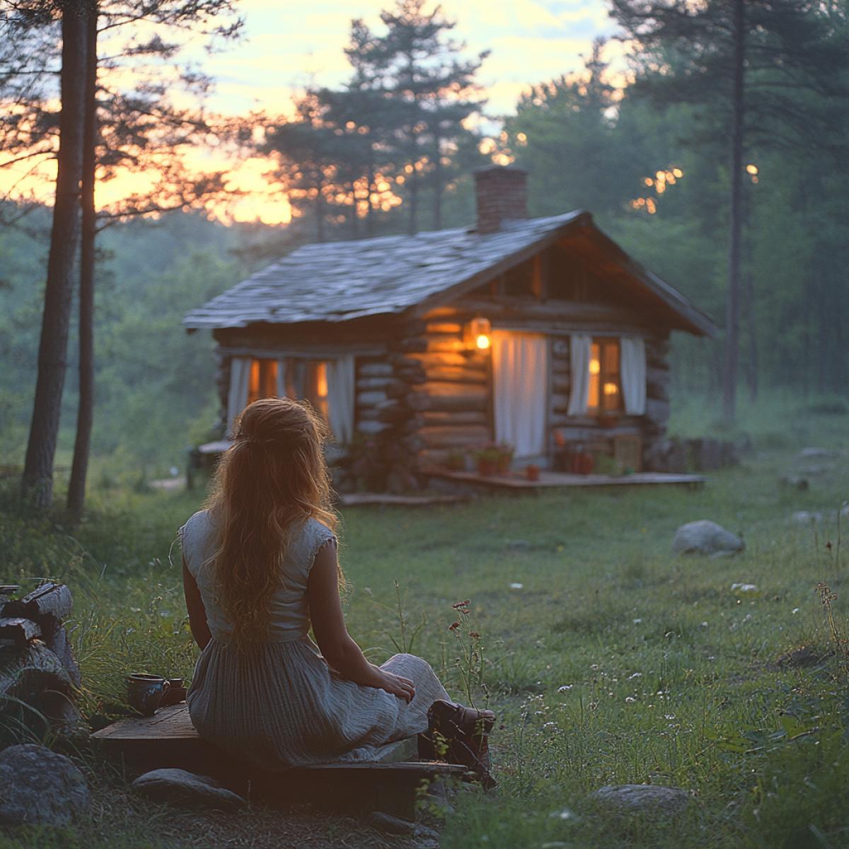 Early summer morning, sunrise. In a forest clearing stands a small neat house made of a log house, with white curtains on the window. A woman sits on the steps of the porch, she enjoys the silence, tranquility, loneliness, peace . the gaze is fixed on the sunrise, the woman enjoys the touch of the first rays of the sun. This is a world of harmony between man and nature, a place of power, a place of energy filling
