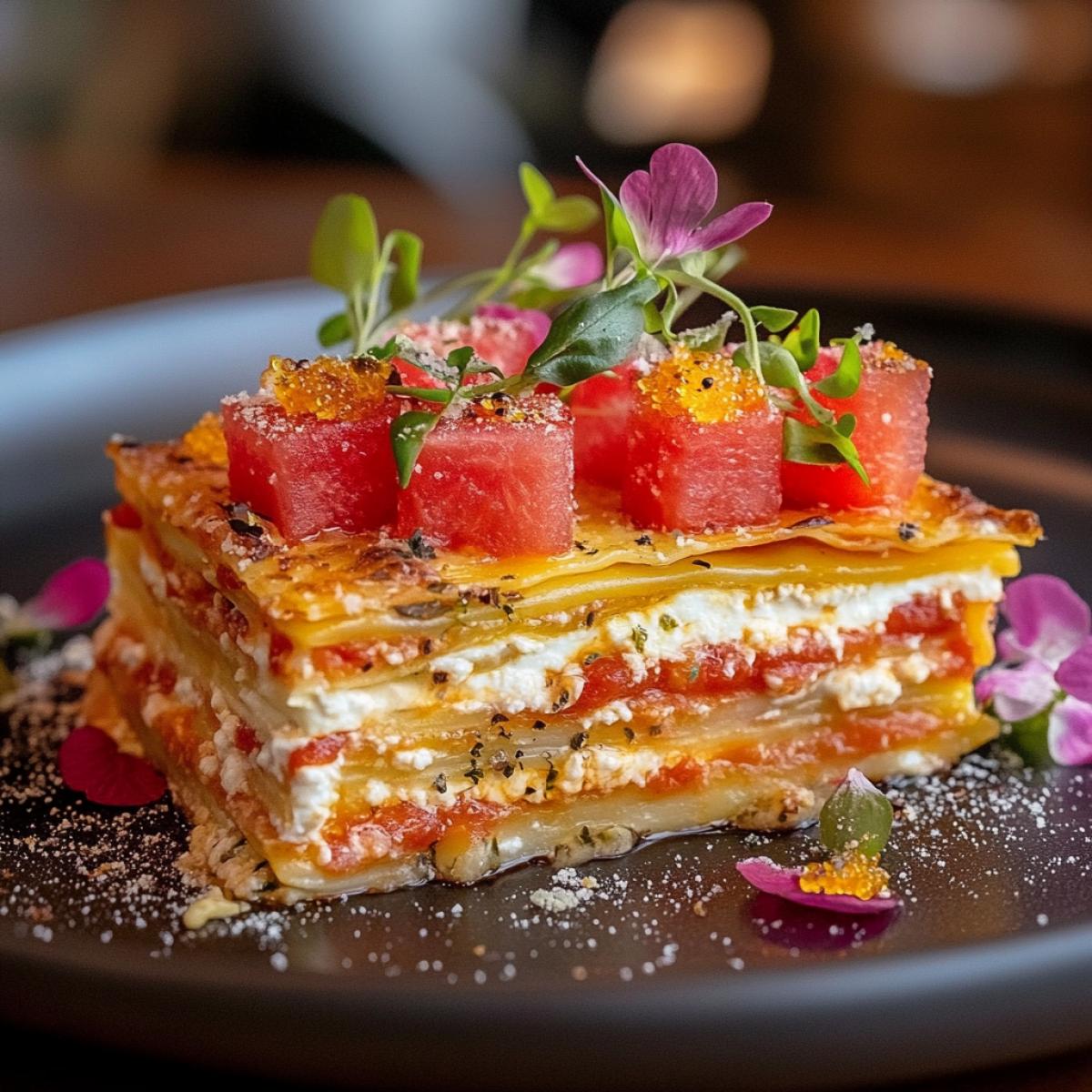 Lasagna with thin layers of pasta, filling with tender cottage cheese and pieces of pickled watermelon, baked tomato sauce, bright contrast of colors, melted cheese with a crust, a combination of sweet and salty, golden-red palette, rich texture, a non-standard embodiment of the classics.