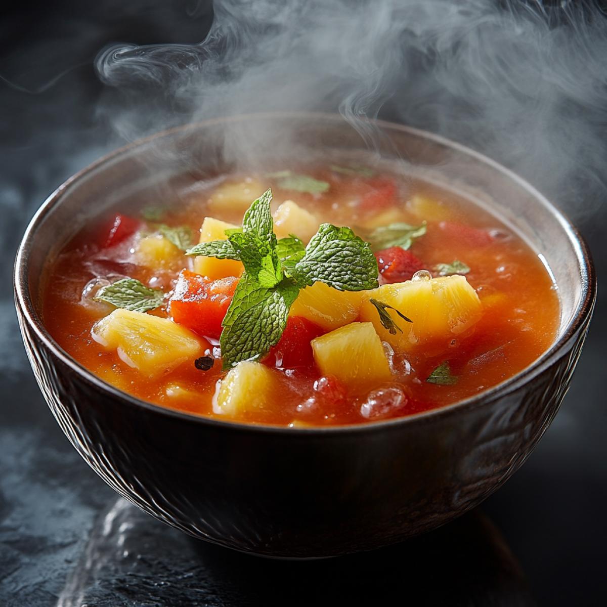 Tomato gazpacho, pineapple chunks, garnished with fresh mint, chilled dish, bright red and yellow colors, thick soup texture, clear pineapple chunks, cold smoke from dry ice, summer atmosphere, unusual combination of fruits and vegetables, emphasis on refreshing taste.
