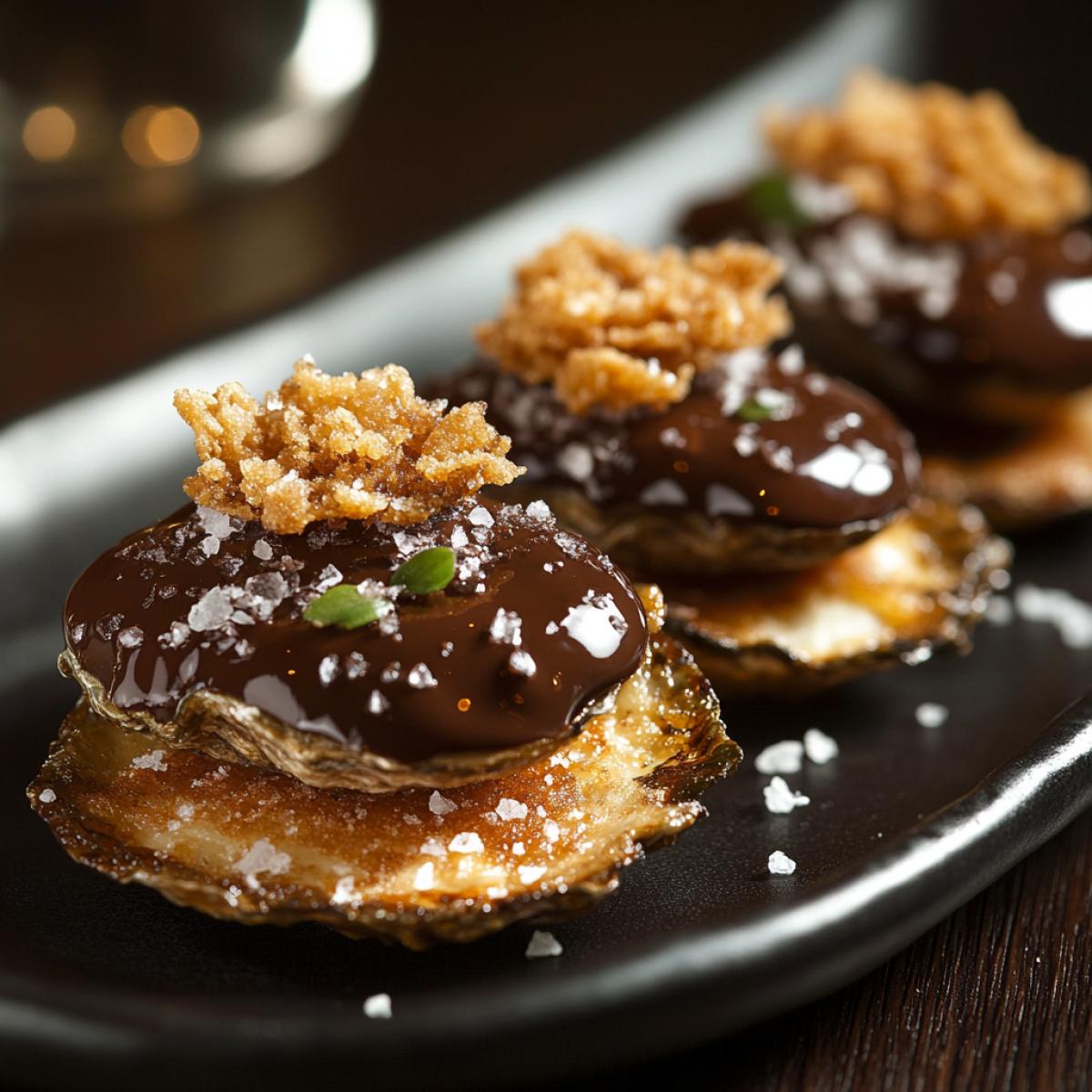 Fried oysters coated with chocolate glaze, served on a layer of crispy wafers, bright highlights from the chocolate, sea salt sprinkled on top, textural contrast of crispy and smooth, rich chocolate shades, emphasis on gloss, warm evening light, an unusual gastronomic experiment.
