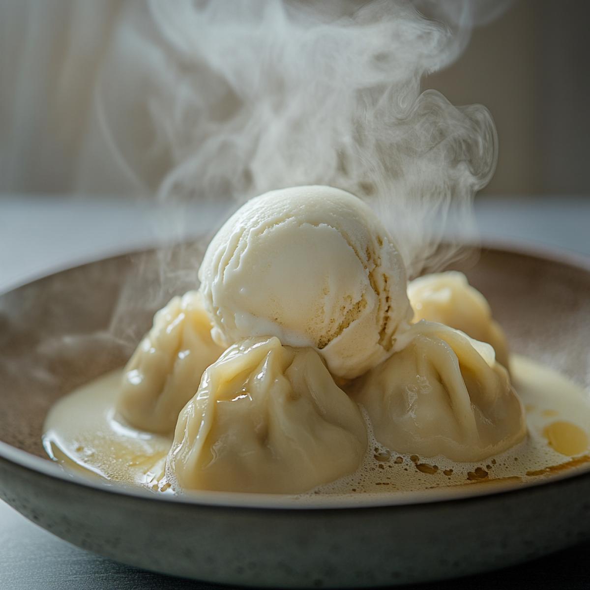 Dumplings with vanilla ice cream, steam from hot dumplings, cold ice cream melting on top, sweet vanilla sauce, dumpling dough, delicate shades of white and cream, contrast of hot and cold, a sense of the absurd, rich details, emphasis on incongruous tastes.