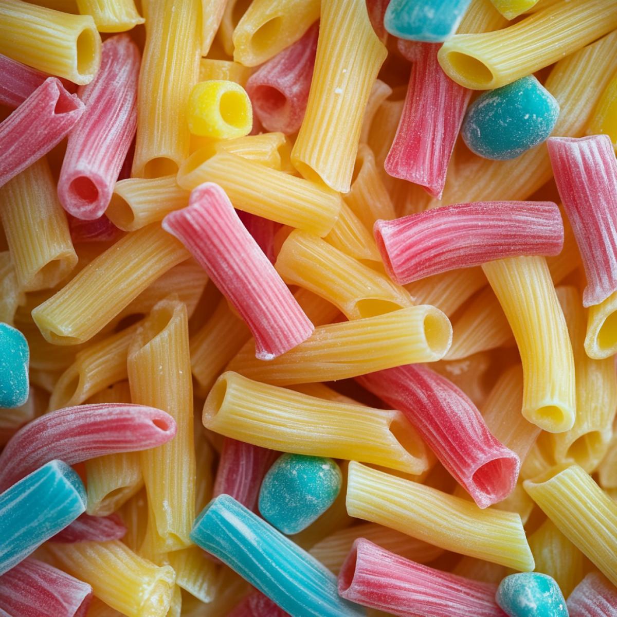 Pasta with chewing gum, al dente pasta, mixed bright candy colors, transparent candy wrappers shiny, butter sauce, contrast of chewy texture of gum and delicate pasta, light palette, combination of incongruous things, focus on bright gum among pasta.