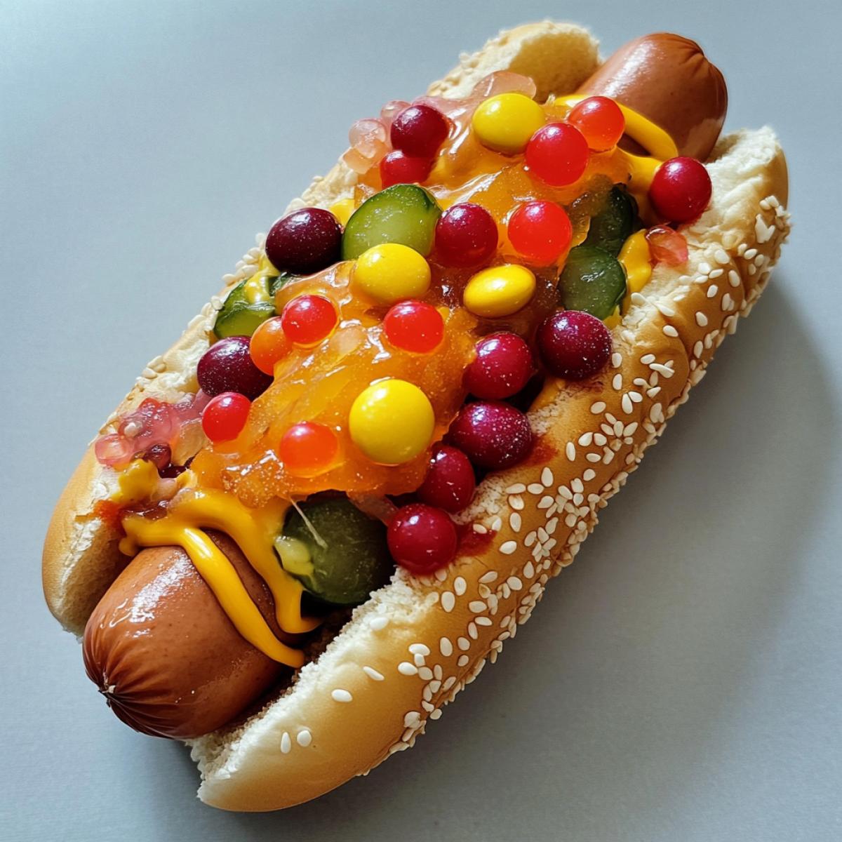 A hot dog with pickled cucumbers and candies inside, a bun with sesame seeds, melted cheese, shiny candies, mustard and ketchup, neon colors of candies, a juicy crispy cucumber, a sharp contrast of flavors, a combination of the familiar and the unexpected, a mixture of textures and bright accents.