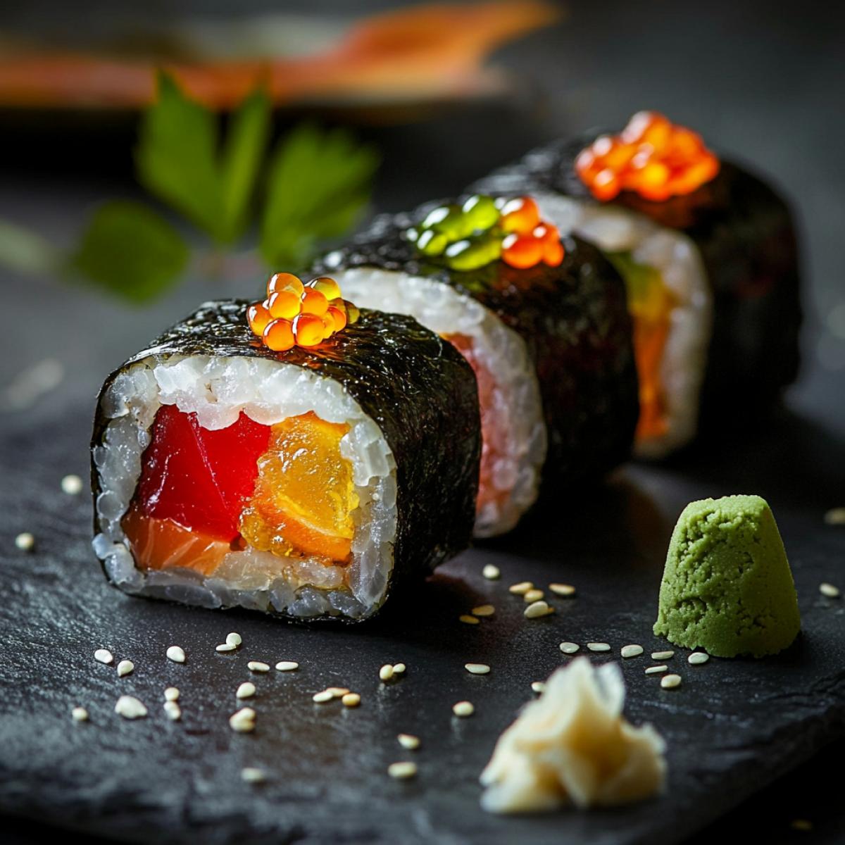 Sushi rolls wrapped in nori, multi-colored marmalade inside, wasabi and ginger nearby, dense texture of rice, contrasting colors, fine lines of nori, shiny surface of marmalade, reflection of light, gentle atmosphere, play with incompatibility, focus on bright details.