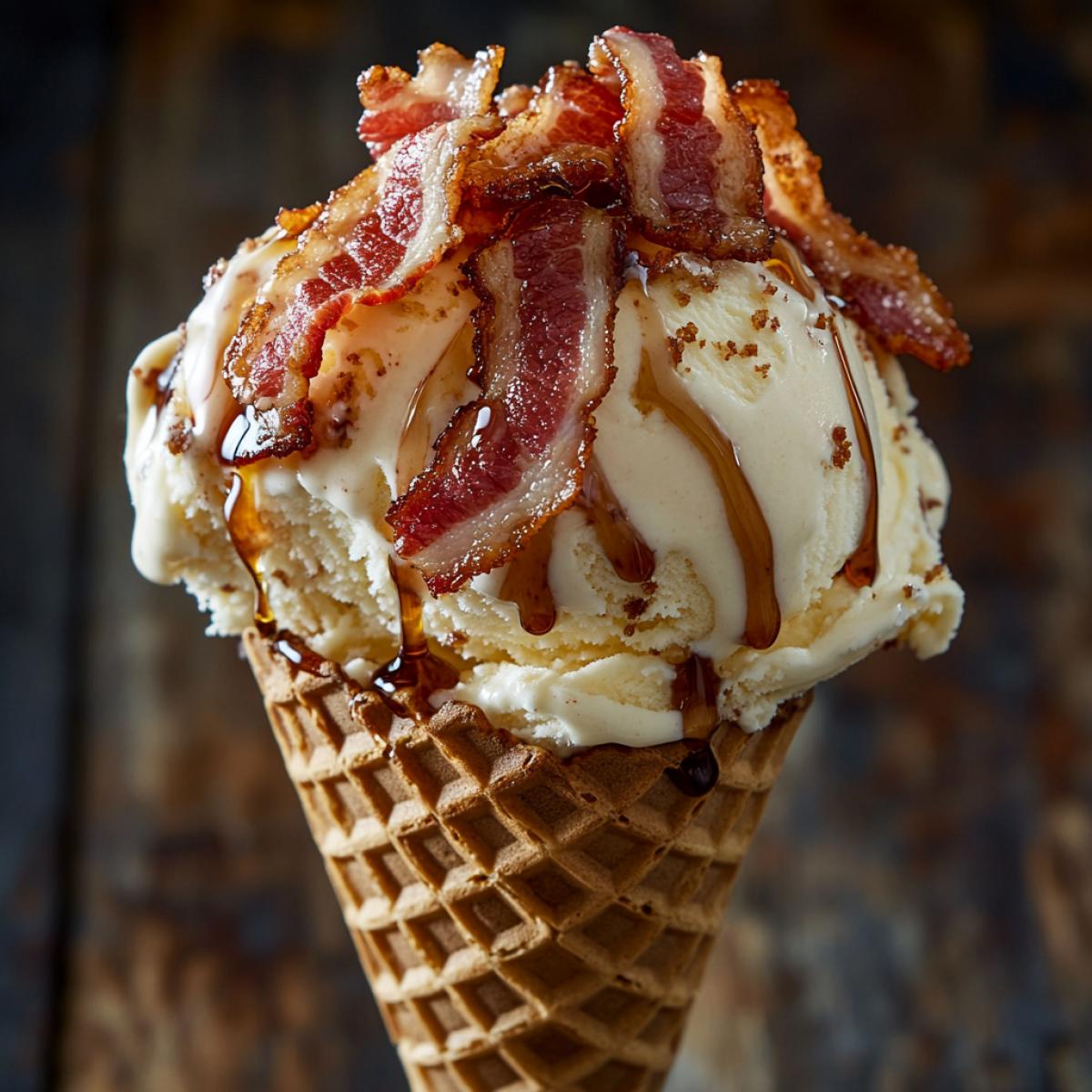 Creamy ice cream in a waffle cone, crispy bacon on top, drizzled with maple syrup, contrast of sweet and salty, crispy and soft textures, bright daylight, drops of syrup, warm shades, unusual presentation, summer atmosphere, focus on details.