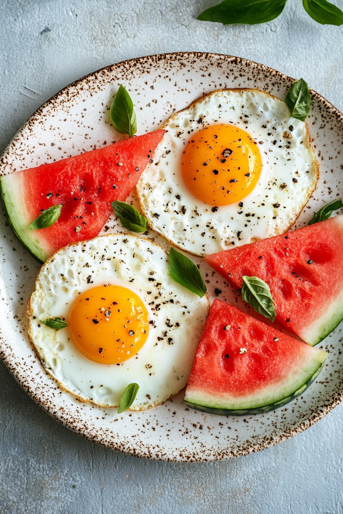 Fried eggs with pieces of watermelon, a non-standard summer breakfast