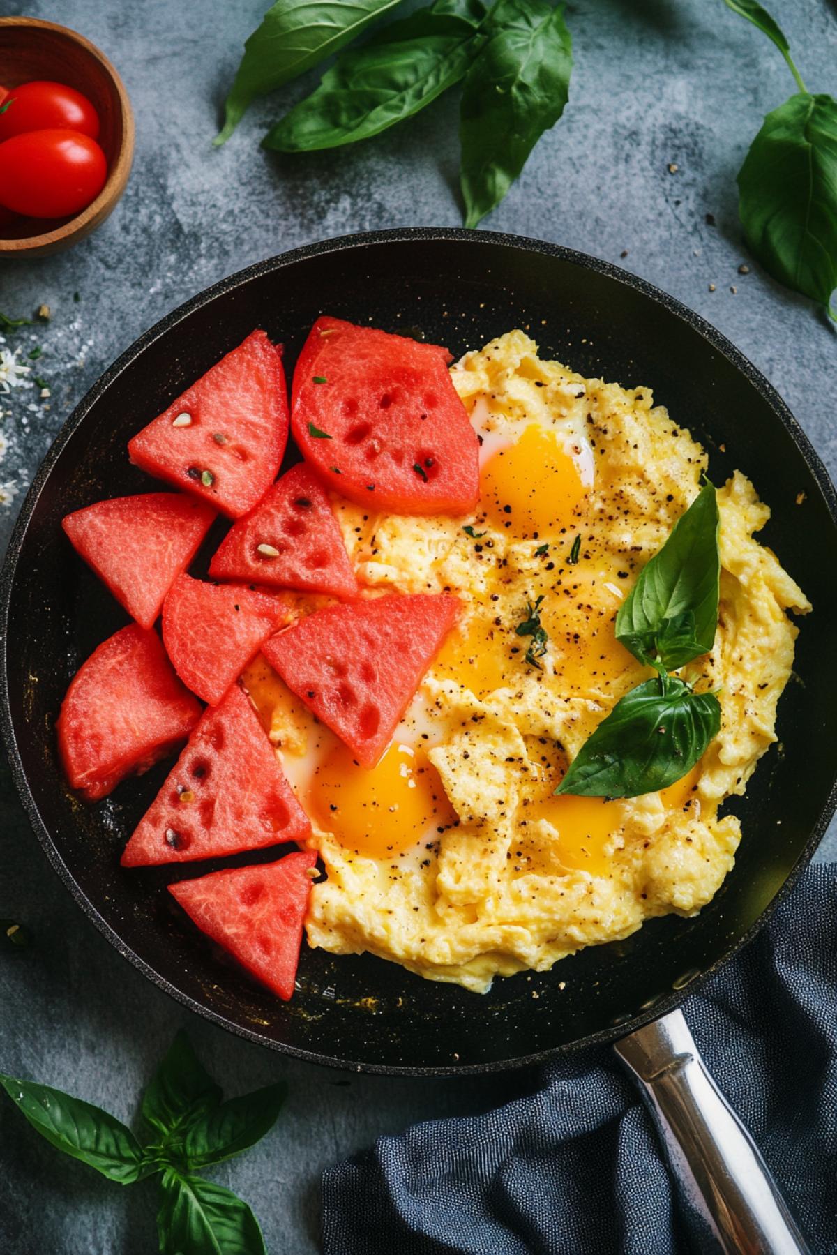 scrambled eggs with pieces of watermelon fried in a frying pan, non-standard summer breakfast