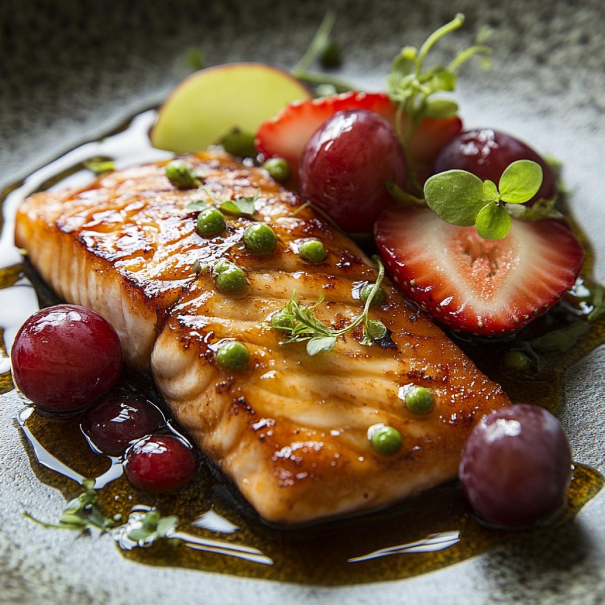 Grilled red fish fillet, neatly placed on a plate, topped with slices of grapes and strawberries, drizzled with honey sauce, delicate texture of the fish, glossy surface of the berries, bright contrast of red and green, framed with greens, combination of sweet and salty, emphasis on unusual taste.