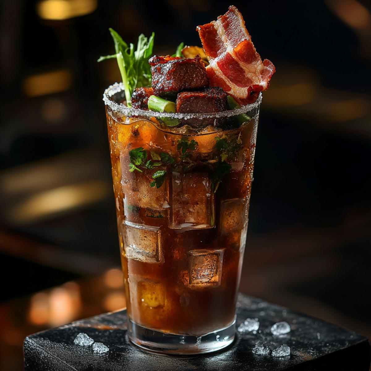 A tallrockettail glass, inside there is a thick meat broth with pieces of beef, decorated with bacon and a piece of meat, floating vegetables, a salty rim on the edge of the glass, cold ice cubes, a combination of dark meat and bright green shades, contrasting textures, focus on the unusualness of the drink.