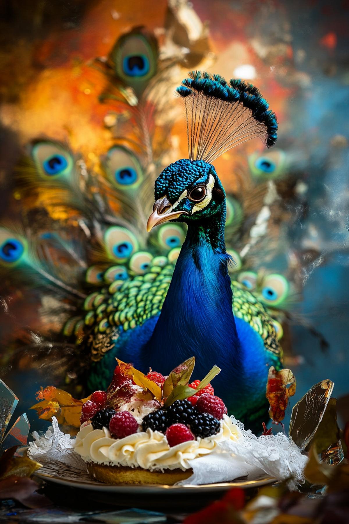 A magnificent peacock, its feathers shining, painting the surrounding air with a spectrum of bright, intense colors, the scene unfolds against a changing landscape that reflects the dual nature of artistic passion: the foreground explodes with color, symbolizing the energy and passion of creation, while the background fades into a dark, stormy sky, reflecting the inner turmoil and spiritual sacrifices made for the sake of art. Fragmented mirrors are scattered everywhere, capturing the broken reflections of the peacock, in front of him is a plate with an oval cake decorated with berries, whipped cream in the form of leaves and roses, sprinkled with marzipan crumbs, a white rolled-up lace napkin