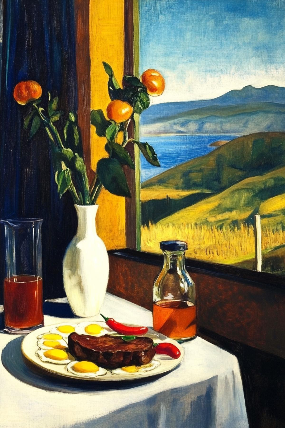 fried eggs, tomato slices, chili peppers on stems in a white vase. against the backdrop of dawn in a summer cafe, on a plate an appetizing steak on a bouje, a decanter with juice,. watercolor, oil, pop surrealism.. Edward Hepper