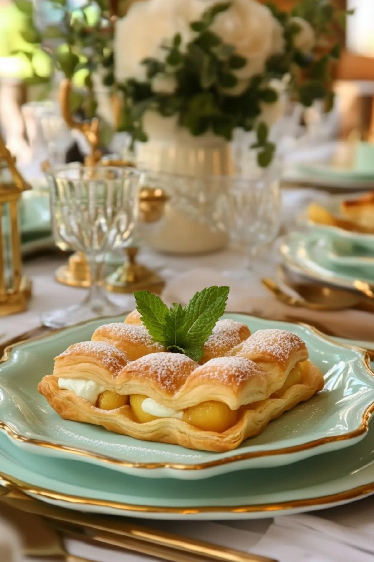 Puff pastries with peaches and curd cream,. Dish, sprinkled with powdered sugar, mint leaf on top, hyperrealism, professional photo, high resolution, beautiful restaurant presentation, high detail