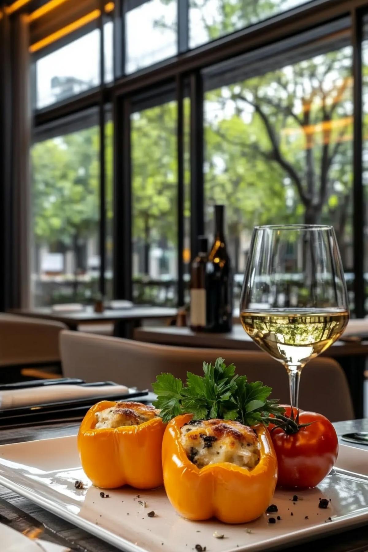 Stuffed peppers with chicken, baked with cheese,. Dish, three peppers, a sprig of parsley on top, pieces of tomato, a glass of white wine and a bottle in the background, hyperrealism, professional photo in a beautiful cafe, high resolution, from a restaurant, high detail
