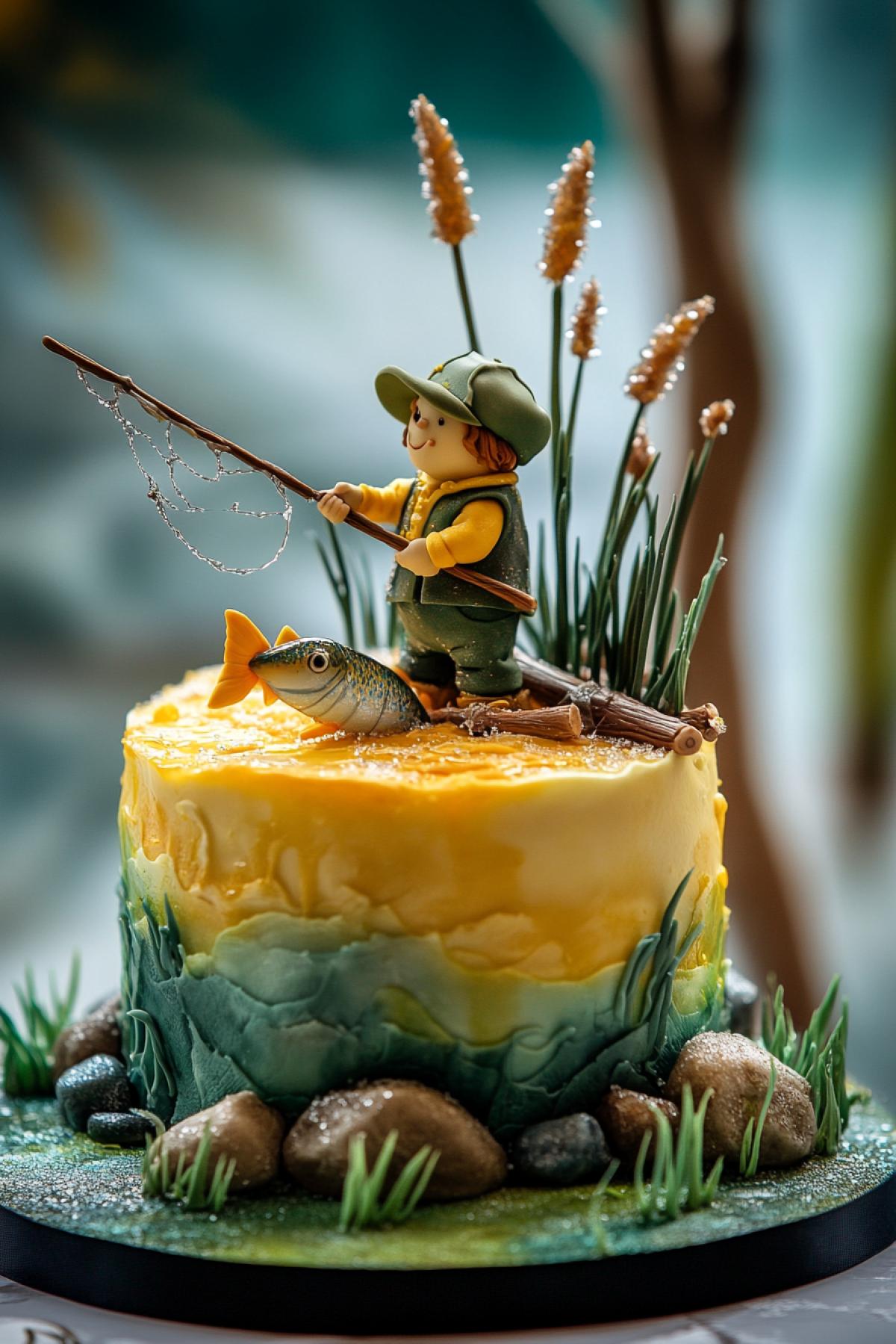 fisherman birthday cake, cake embodies the landscape of a reed pond, a fisherman figyellow water with a catch, cascading layers of fondant, delicious sparkling sugar crystals on the surface, cake is located in the center of a festive table, soft focus, realistic details, festive mood.