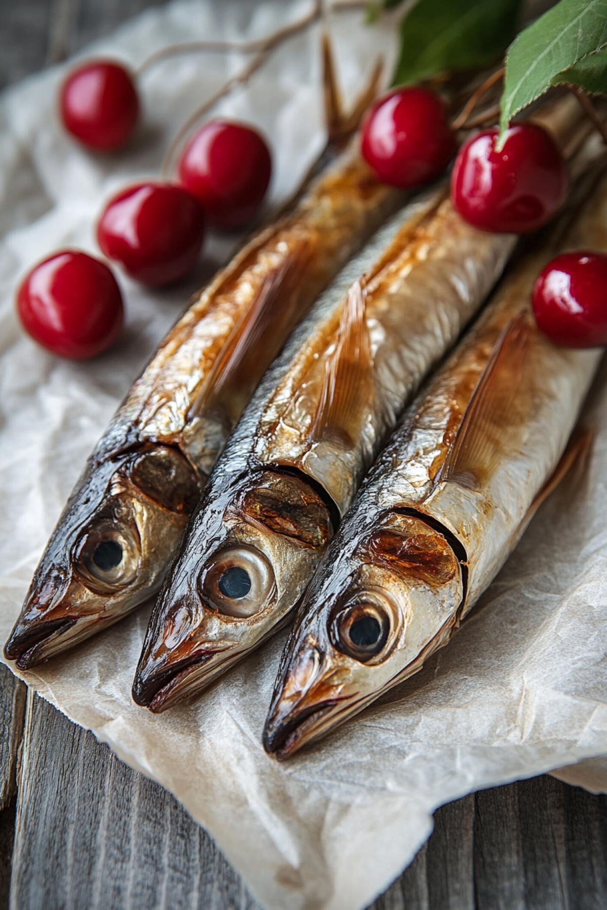dried roach with milk, decorated with cherries