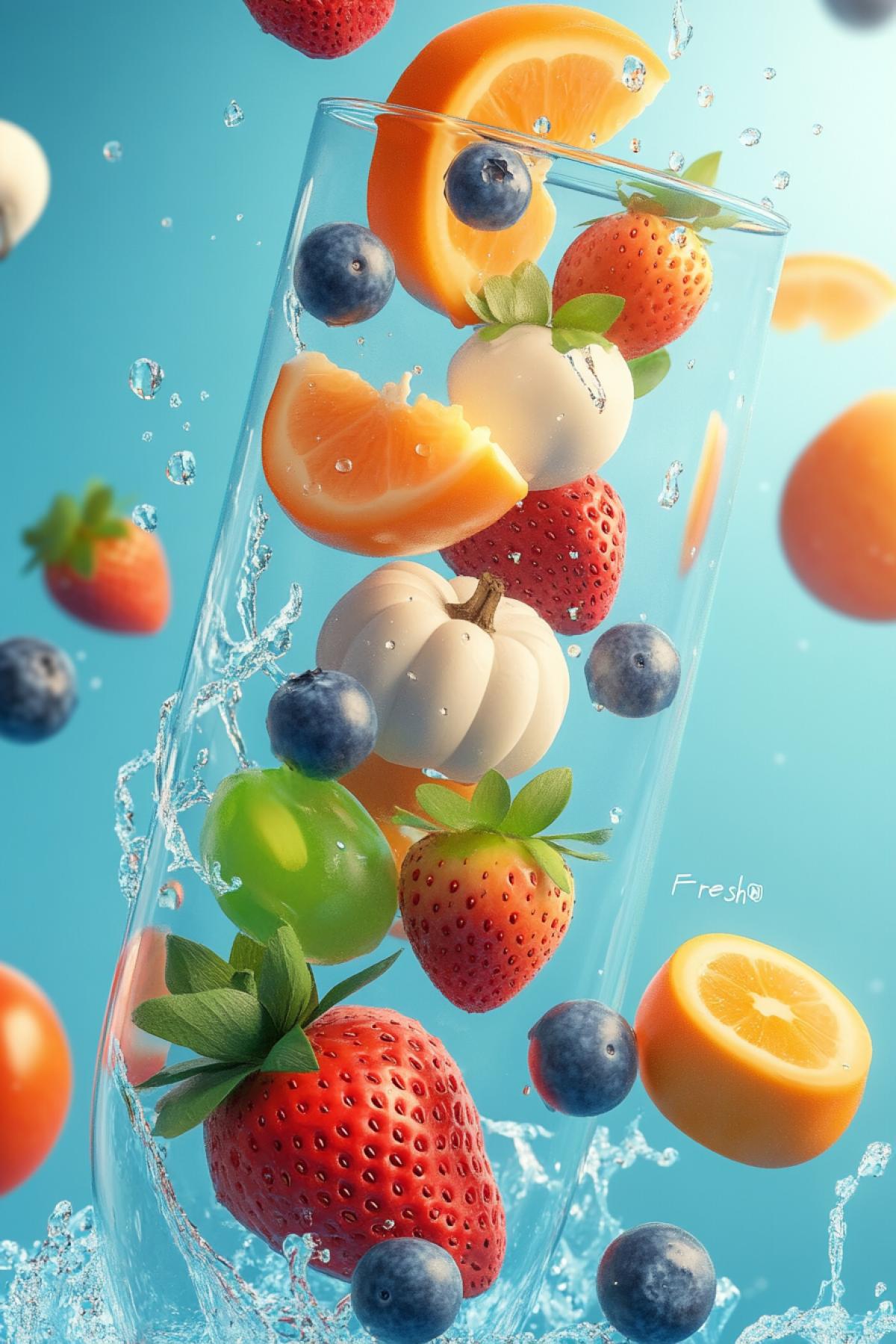 The inscription \"Fresh\", an inclined glass for arockettail with a mix of small white, green and orange pumpkins, blueberries, strawberries, a splash of water, drops, bright and colorful