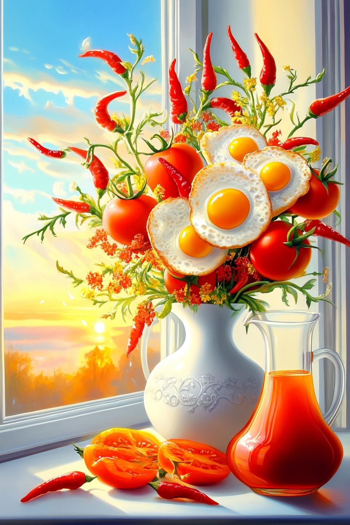 Edible bouquet: fried eggs, tomato slices, chili peppers on stems in a white vase. against the backdrop of dawn on a white windowsill, a decanter with juice,. watercolor, oil, pop surrealism.. Edward Hepper