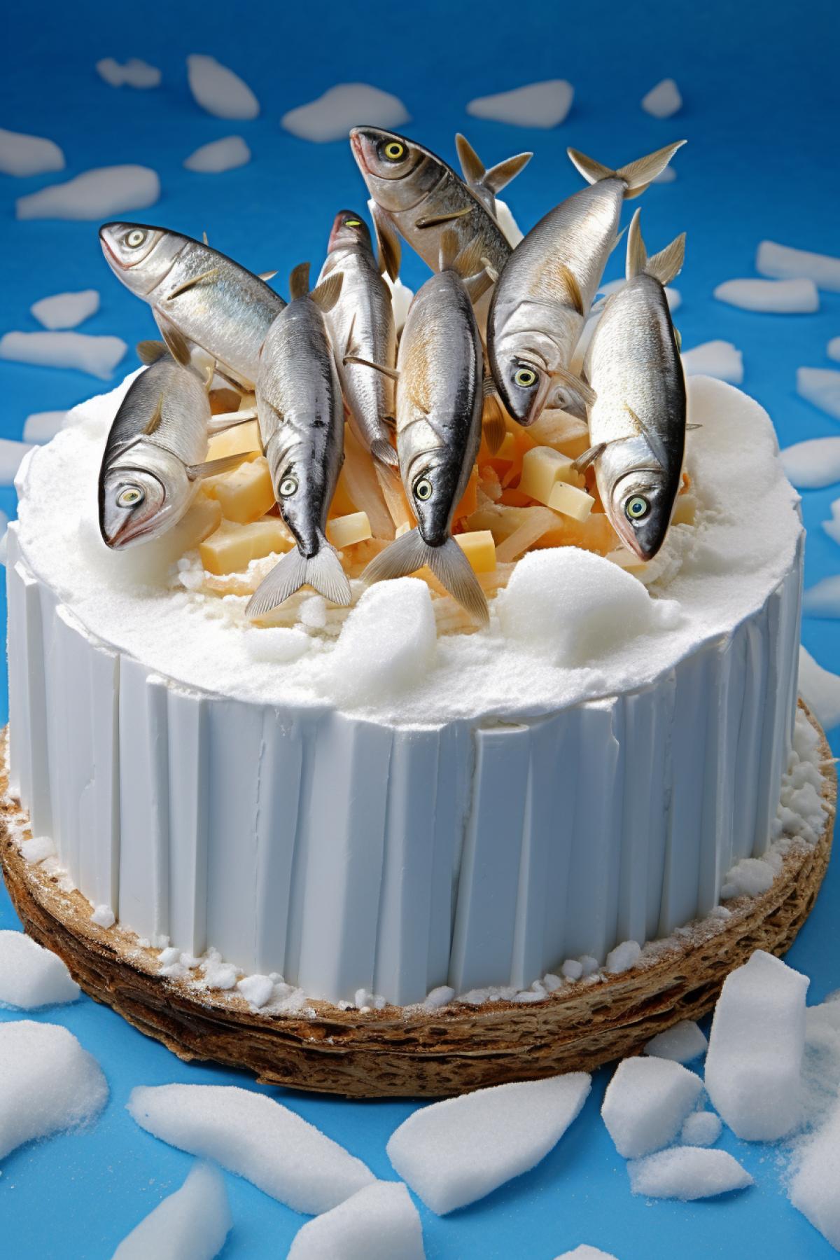 Beautiful wedding cake with salted herring and whipped cream