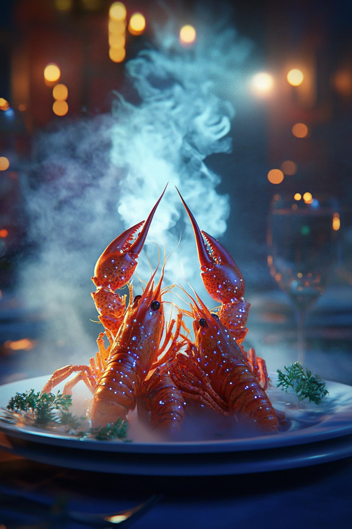 3D anime, magical surrealism, fantasy colors, beautiful restaurant serving of boiled crayfish, encrusted with diamonds and sapphires, sparkling steam rising from them, high resolution, high detail