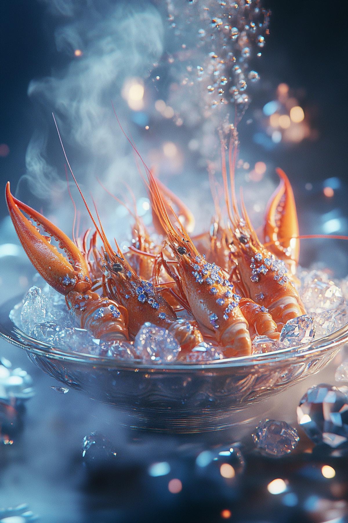 3D anime, magical surrealism, fantasy colors, beautiful restaurant serving of boiled crayfish, encrusted with diamonds and sapphires, sparkling steam rising from them, high resolution, high detail