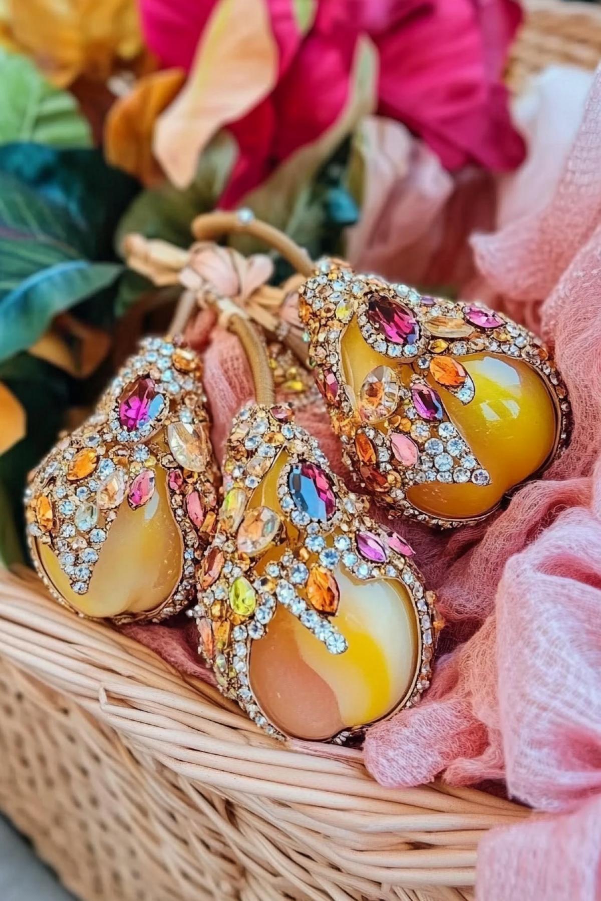 In a wicker basket there are pears and precious pears, inlaid with precious stones such as amber, fionites, Swarovski crystals, leaves, close-up
