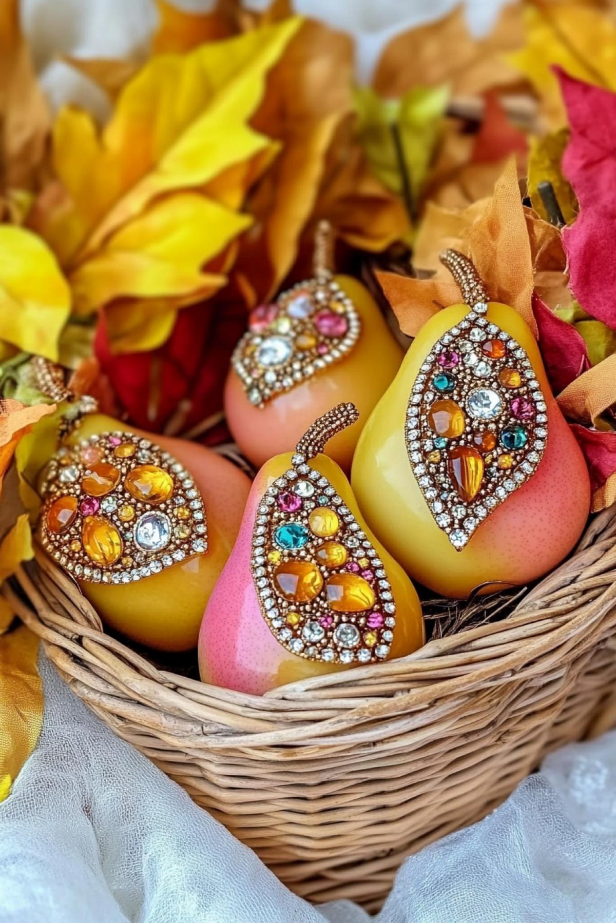In a wicker basket there are pears and precious pears, inlaid with precious stones such as amber, fionites, Swarovski crystals, leaves, close-up