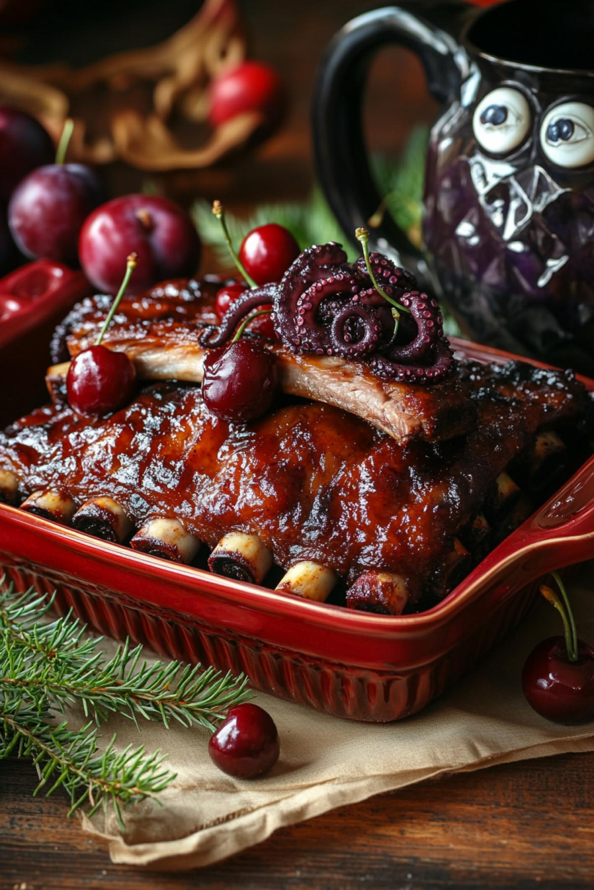 In a beautiful red ceramic dish there are baked pork ribs, cherries are placed on them, next to there is a plum branch with the fruits of a dark blue plum, a large faceted pot-bellied glass mug with a big-eyed octopus in it, which peeks out a little from the mug, bright, juicy
