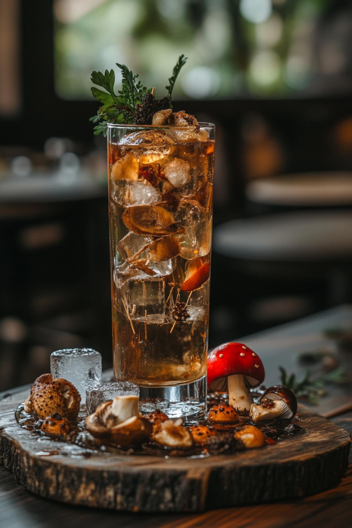 Neo-Expressionism Neo-Expressionism, a tall glass glass with pieces of fly agaric and pieces of ice, fly agarics next to it on a platter, beautifully served on a wooden stand in a restaurant