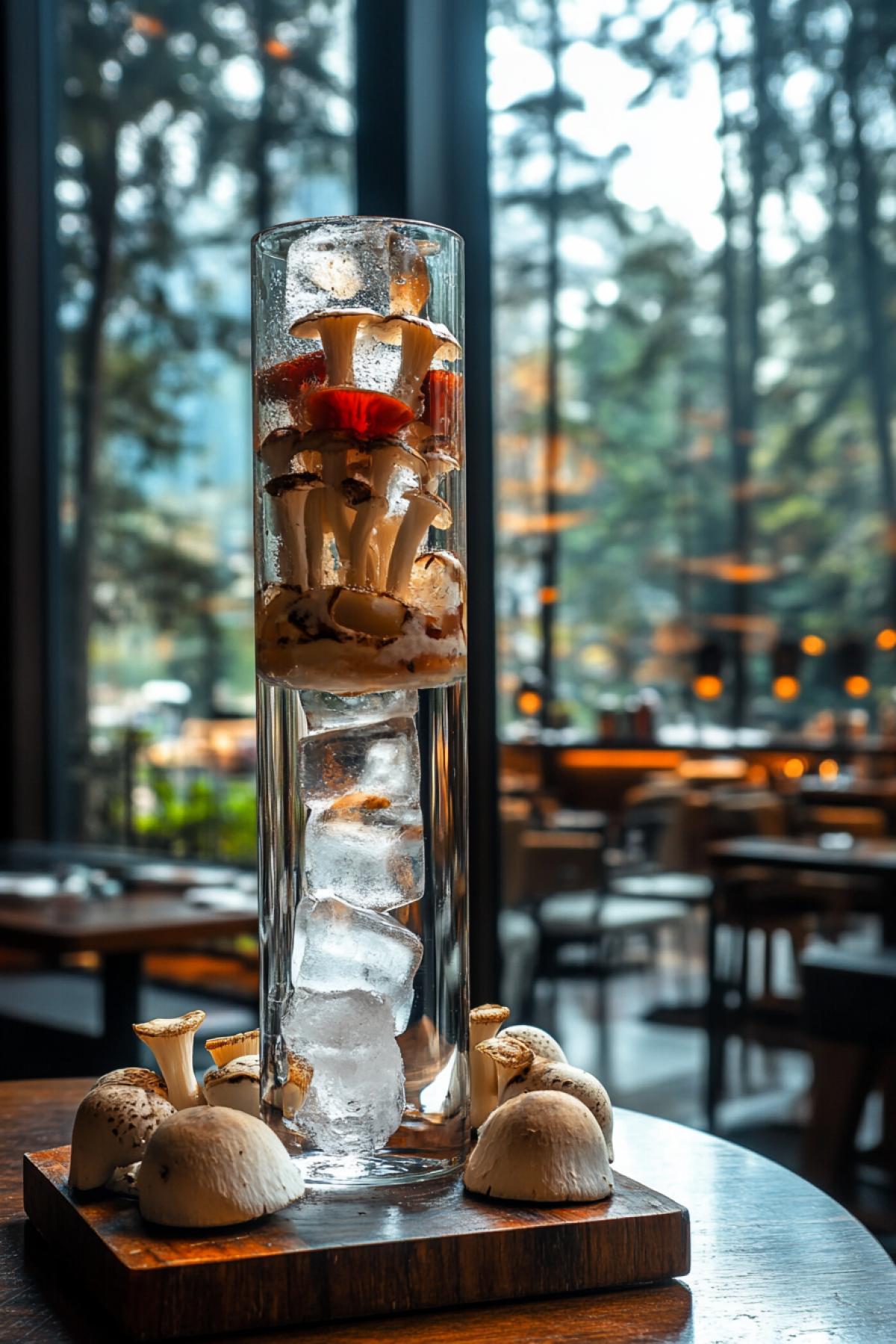 Neo-Expressionism Neo-Expressionism, a tall glass glass with pieces of fly agaric and pieces of ice, fly agarics next to it on a platter, beautifully served on a wooden stand in a restaurant