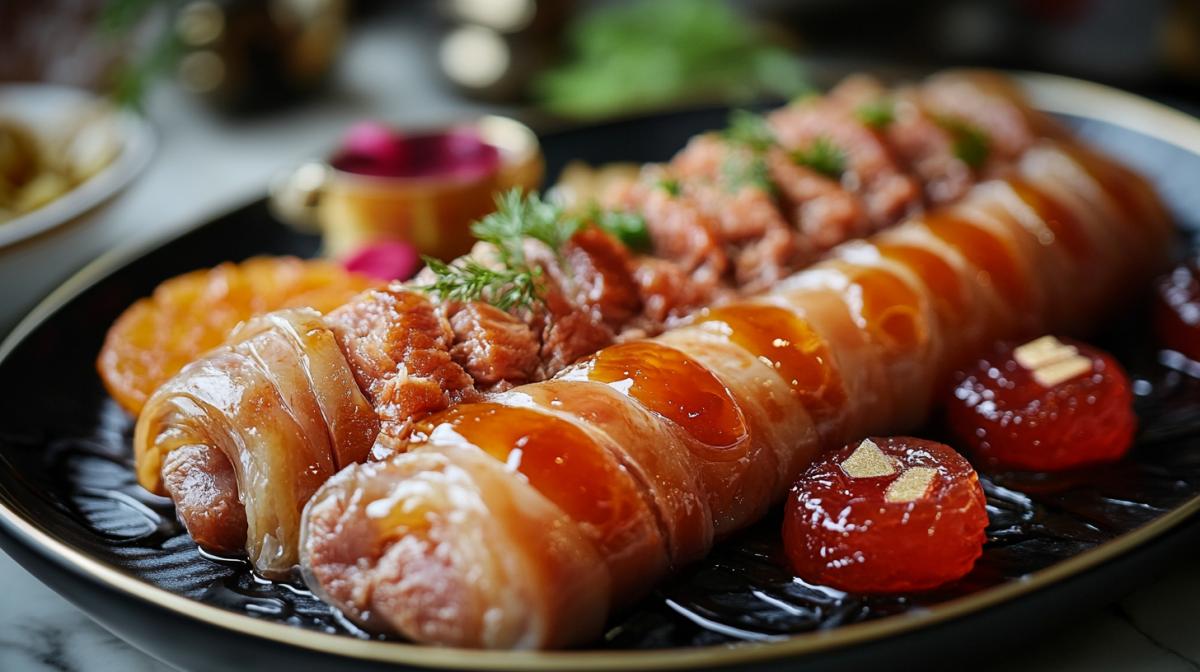Sliced ​​meat roll on a plate, sweet chak-chak, Turkish delight, marmalade