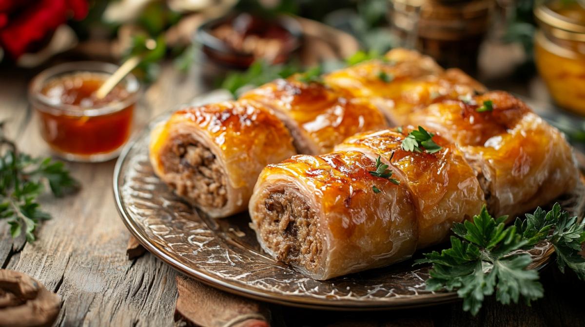 Sliced ​​meat roll on a plate, sweet chak-chak, Turkish delight, marmalade
