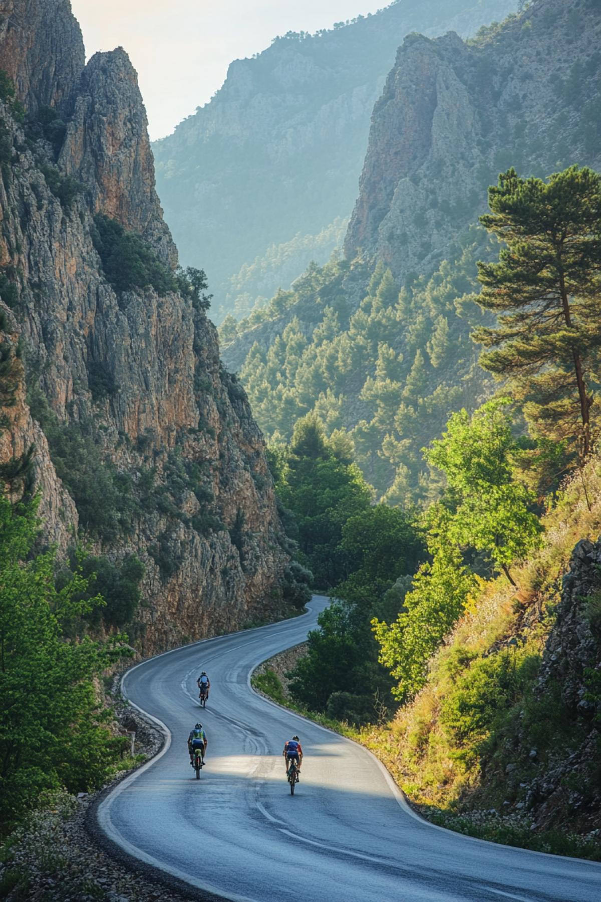twelve bicycle riders tourists hurrying up alone beautiful mountain road early morning sunrise
