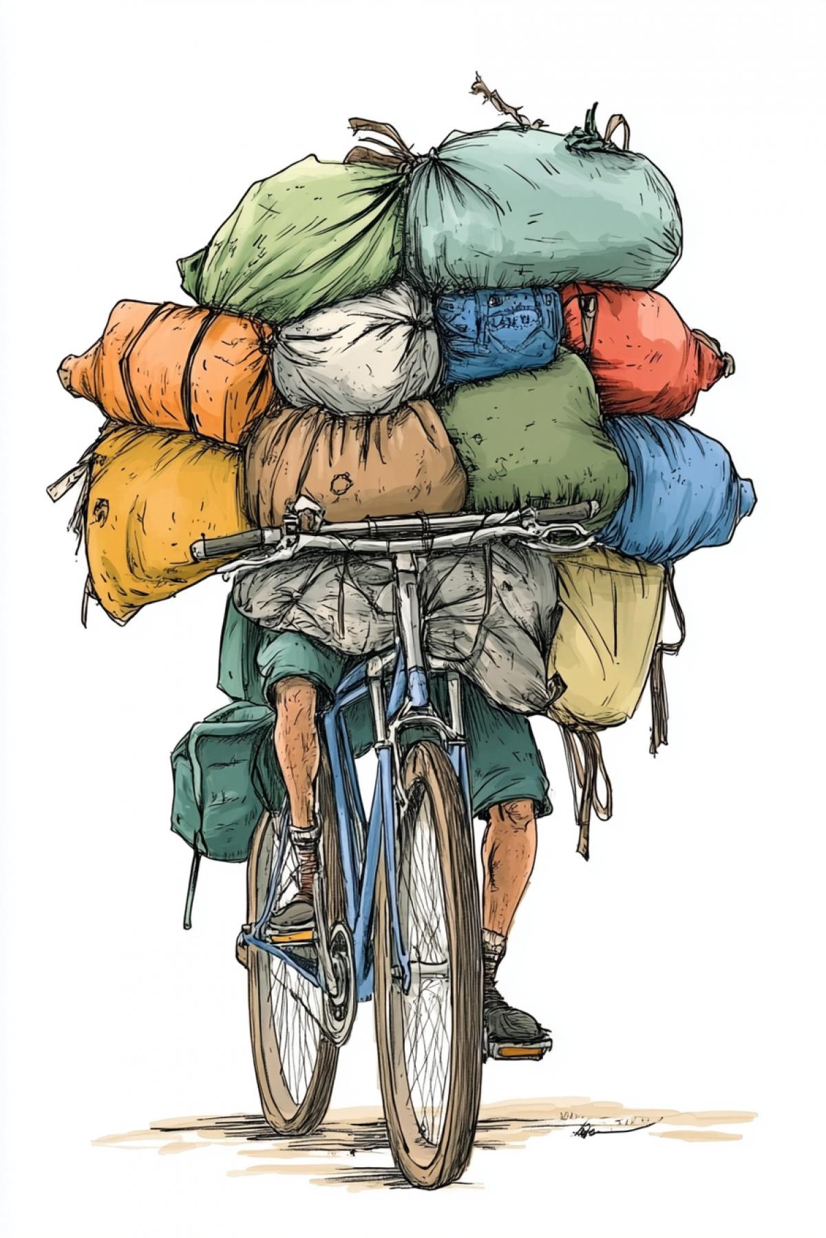 Cartoon drawing of bicycle tourist overloaded with sacks and bags