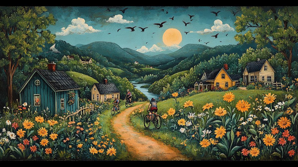 A vibrant and whimsical illustration captures the essence of a cycling adventure. Set against a picturesque landscape of rolling hills, lush greenery, and a clear blue sky, a group of cyclists in colorful gear pedal joyfully along a winding path. Each cyclist is uniquely depicted, showcasing their excitement and camaraderie. In the background, a quaint village with charming houses and a serene river adds to the idyllic setting. Birds soar overhead, and wildflowers line the path, adding a touch of enchantment. The overall atmosphere is one of freedom, exploration, and the simple joy of a bicycle journey, illustration.