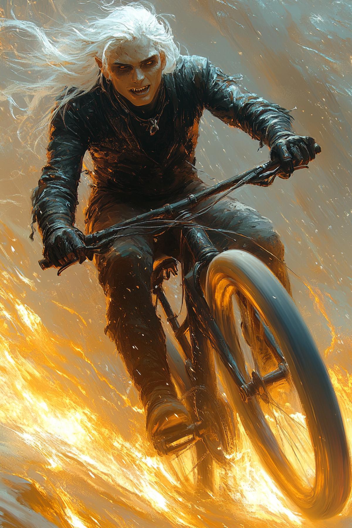 A dark fantasy painting of a young anthropomorphic figure, known as the Demon Prince, masterfully riding a demonic-themed racing bicycle across the desert speedway at sunset. The Demon Prince wears a sleek, form-fitting cycling outfit in dark colors with subtle demonic designs. He possesses long, white hair flowing in the wind, a sinister grin, and a dark skull necklace adorned with a rusted chain. His high-performance racing bicycle, an ominous blend of dark and yellow, showcases ethereal flames around its lightweight wheels. The Demon Prince pedals at breakneck speed, leaving a trail of dust in his wake, against the backdrop of a darkening sky and vast desert, creating an eerie yet mesmerizing atmosphere. This conceptual art piece, presented as an illustration and painting, draws inspiration from the cinematic and vibrant Ukiyo-e art style, immersing viewers in conceptual art, dark fantasy, painting, photo, illustration, cinematic, ukiyo-e, vibrant.