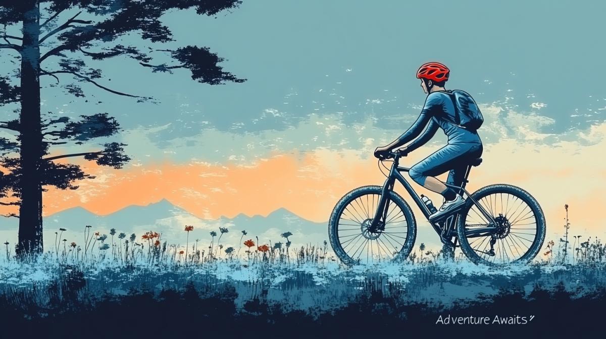 A scenic mountain trail with a cyclist riding through, the cyclist is a young 35 years old wearing a red helmet and blue cycling gear, the bike is a sleek dark mountain bike with thick tires, the background features towering pine trees and a clear blue sky, patches of wildflowers along the path, in the distance, snow-capped peaks are visible, the mood is exhilarating and adventurous, the painting style is realistic with vibrant colors, capturing the essence of freedom and exploration, with the text \"Adventure Awaits\" in bold, dynamic font.