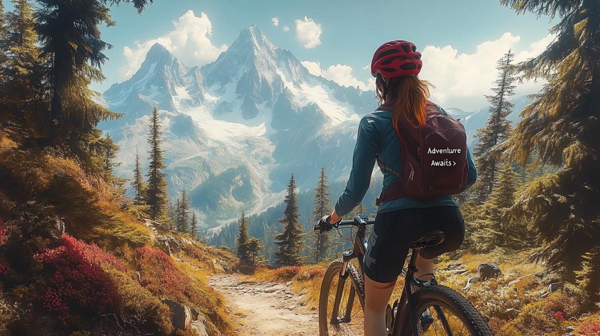 A scenic mountain trail with a cyclist riding through, the cyclist is a young 35 years old wearing a red helmet and blue cycling gear, the bike is a sleek dark mountain bike with thick tires, the background features towering pine trees and a clear blue sky, patches of wildflowers along the path, in the distance, snow-capped peaks are visible, the mood is exhilarating and adventurous, the painting style is realistic with vibrant colors, capturing the essence of freedom and exploration, with the text \"Adventure Awaits\" in bold, dynamic font.