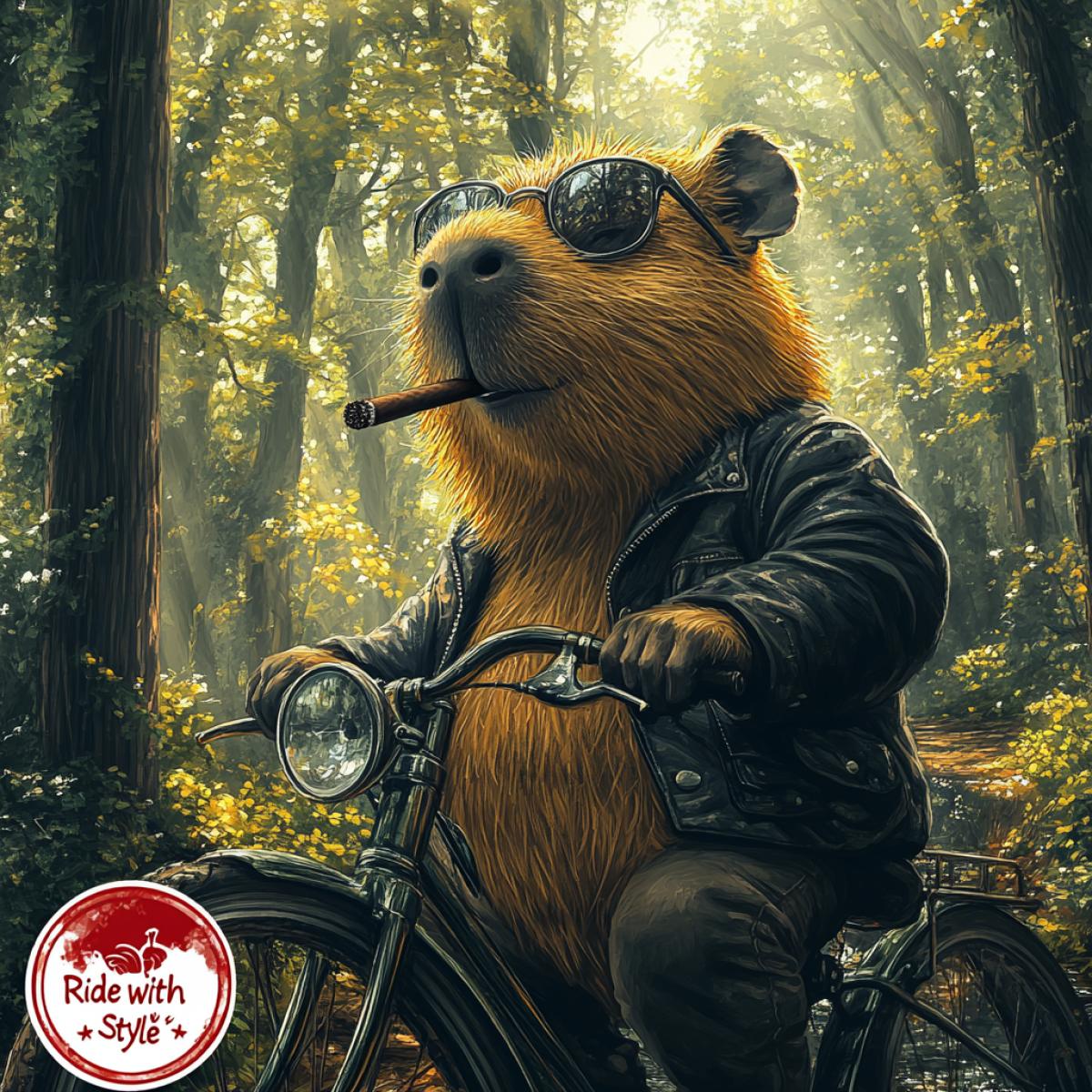 An adventurous forest trail with an anthropomorphic capybara riding a bicycle, the capybara is wearing a leather jacket and sunglasses, with a cigar in its mouth, the bike is a retro-style cruiser with a shiny chrome finish, the background features dense foliage with sunbeams filtering through the trees, a small stream runs alongside the path, in the distance, a wooden bridge can be seen, the mood is both whimsical and bold, the painting style is detailed and semi-realistic, capturing a sense of fun and uniqueness, with the text \"Ride with Style\" in a quirky, bold font.