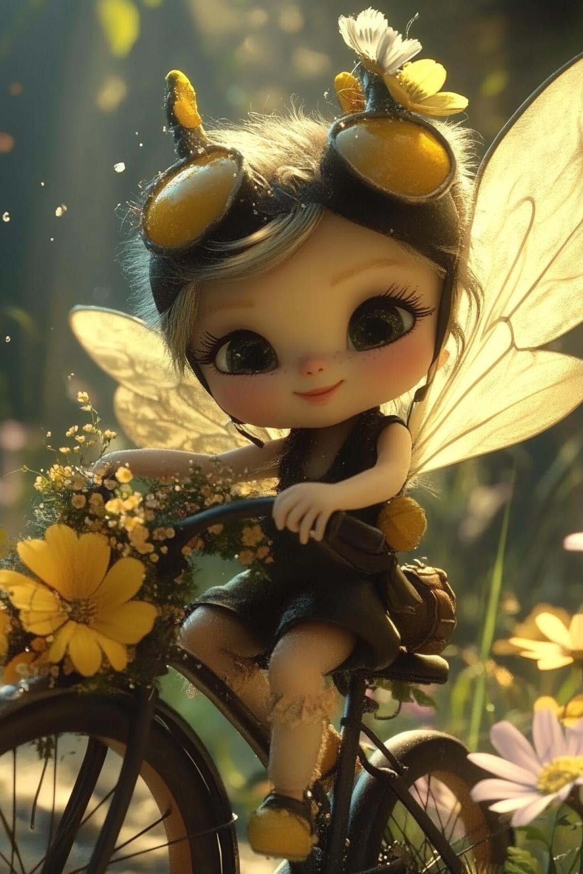 Cute charming baby fairy bee on a bicycle among magical wildflowers, fabulous, pollen, sun glare