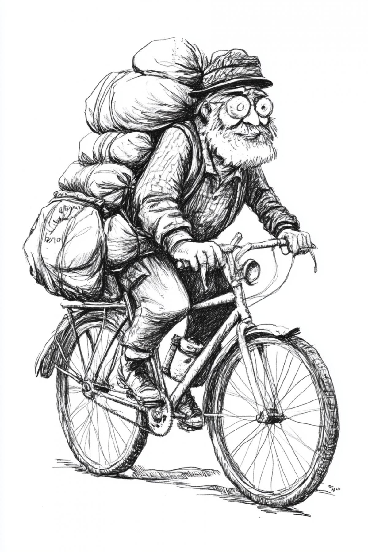 dark and white Cartoon drawing of bicycle tourist overloaded with sacks and bags in style of herluf bidstrup funny pictures